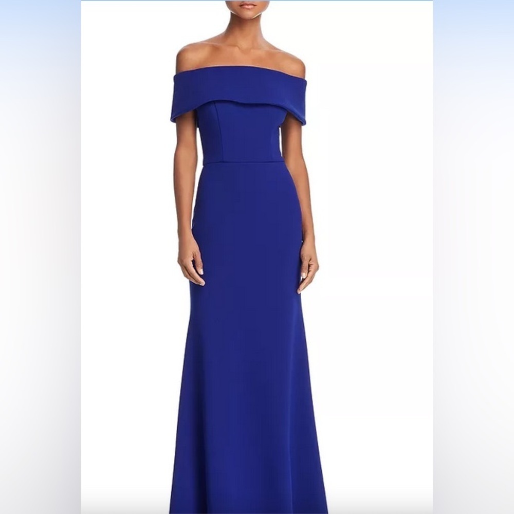 AQUA Off-the-Shoulder Scuba Crepe Gown Marine Blue.                  A